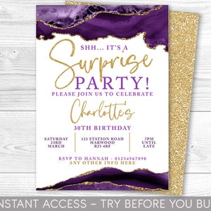 Surprise Party Invitation, Purple Gold Agate, Surprise Birthday Invite, Purple Invites, Surprise Party Invitations. Printable, ANY AGE