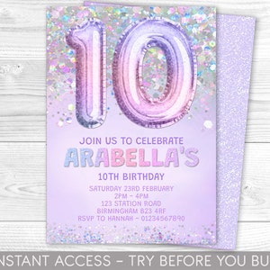 Bearbeitbare 10. Geburtstagseinladung Vorlage Regenbogen Flieder Glitzer Geburtstag einladen Folie Pastell Lila Mädchen 10.Geburtstag Download Druckbar