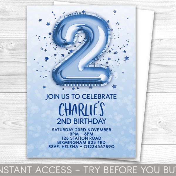 2nd Birthday Invitation Editable 2nd Party Invite, Blue, Baby Boys Invitation, Balloon Numbers, For Girl or Boy, Instant Download, Printable