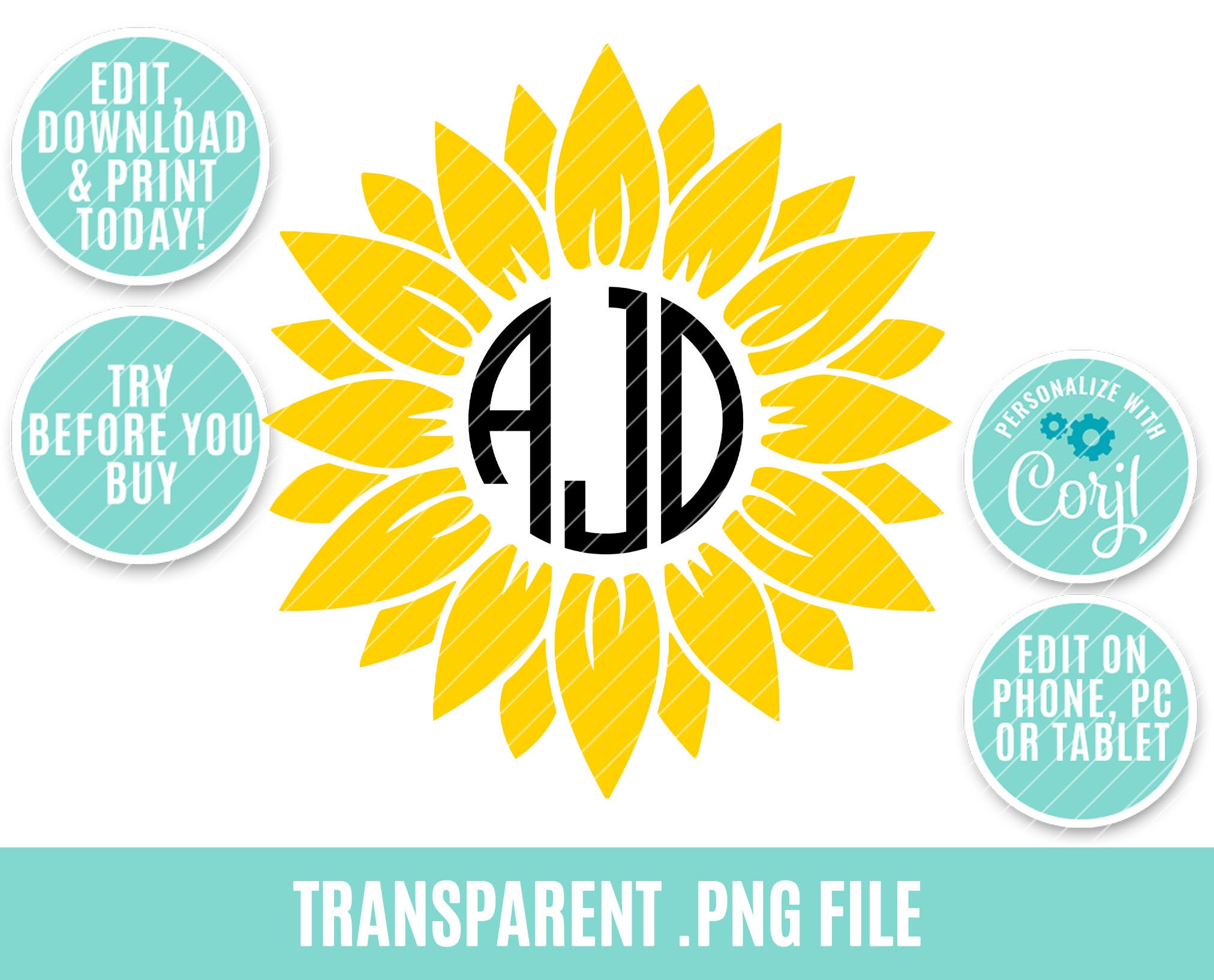 Editable Sunflower Monogram Clip art PNG Cutting Digital | Etsy