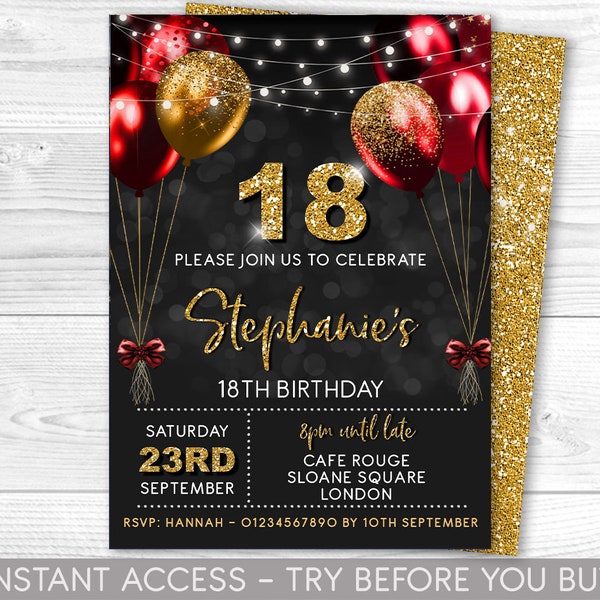 18th Birthday Invitation Editable 18th Invite Red Black Gold Invitation, Balloons, For Him or Her Instant Download Printable, ANY AGE