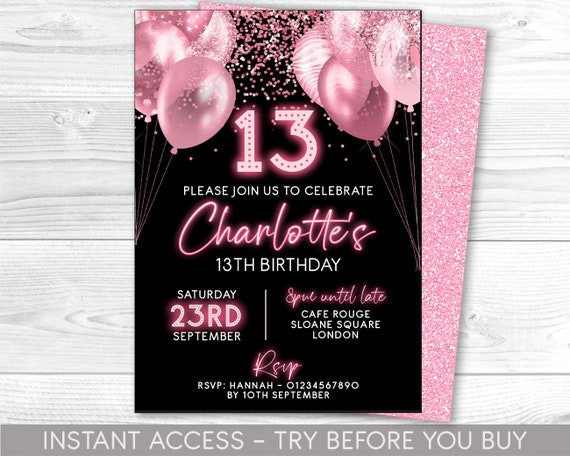 13th Birthday Invitation Editable 13th Invite Pink Neon Black