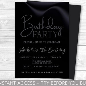 All Black Party Invitation, All Black Affair Invitation, Modern Birthday Invite, Editable Print at Home, Digital Invite, Black Tie ANY AGE