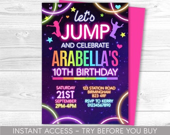 Jump uitnodiging sprong verjaardagsuitnodiging trampoline party Bounce House Party Jump Party Letls Jump Party Instant bewerkbaar bestand Corjl