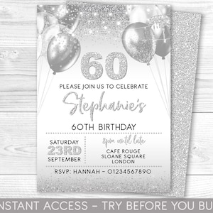 60th Birthday Invitation Editable 60th Invite White Silver Invitation, All White Party, Glitter, Instant Download Printable, ANY AGE