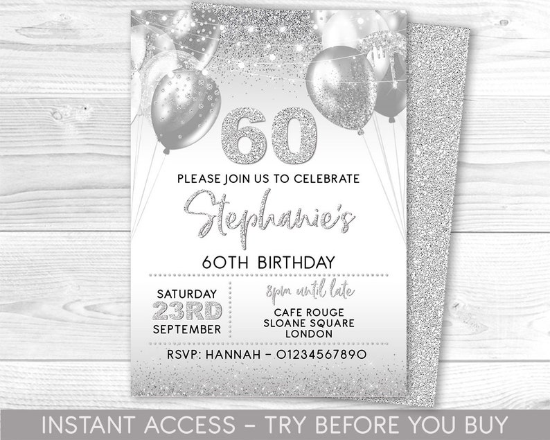 60th Birthday Invitation Editable 60th Invite White Silver Etsy