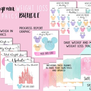 May include: A set of printable Instagram graphics for weight loss tracking. The graphics feature a watercolor background with a Mickey Mouse silhouette and a castle silhouette. The graphics include daily, weekly, and monthly weight loss trackers, as well as simple weigh-in graphics and a progress report graphic.