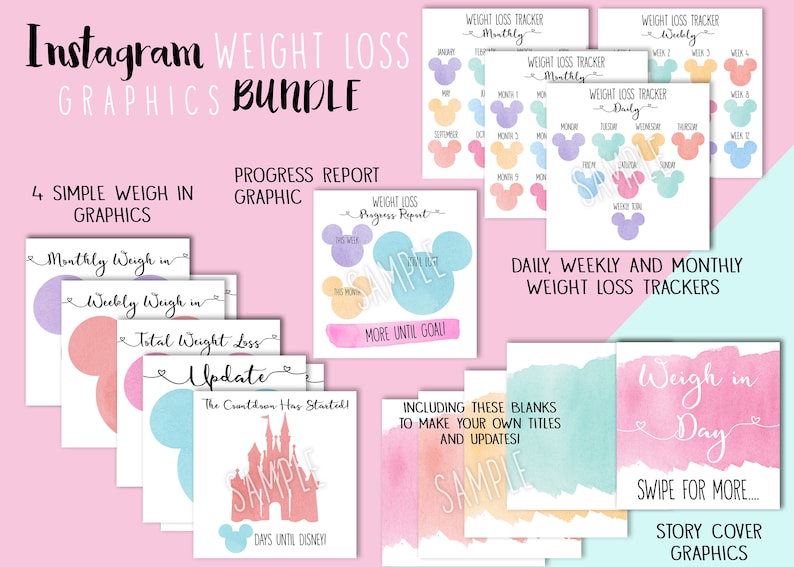 May include: A set of printable Instagram graphics for weight loss tracking. The graphics feature a watercolor background with a Mickey Mouse silhouette and a castle silhouette. The graphics include daily, weekly, and monthly weight loss trackers, as well as simple weigh-in graphics and a progress report graphic.