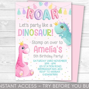 Dinosaur Birthday Party Invitation Template, Dinosaur Birthday Invitation, Dinosaur Party Invite, Editable Invitation Girls Pink