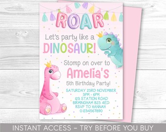 May include: Pink and blue dinosaur birthday party invitation with the text "ROAR Let's party like a DINOSAUR! Stomp on over to Amelia's 5th Birthday Party!"  The invitation includes the date, time, address, and RSVP information.