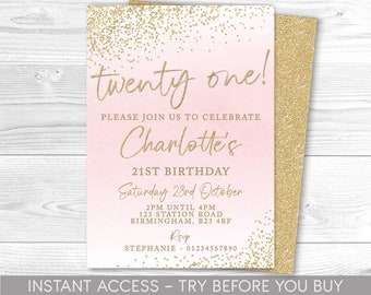 21st Birthday Invitation Editable 21st  Invite, Pink and Gold Invitation, For Her, Instant Download, Printable, watercolor, watercolour