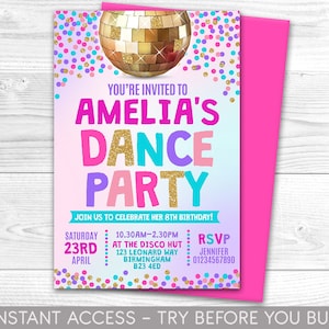 Dance Party Invitation, Personalised, Printable, Digital File, Dance Party Invite, Party Invitation, Disco Party, Instant Access