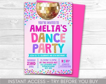 Uitnodiging voor dansfeest, gepersonaliseerd, afdrukbaar, digitaal bestand, dansfeestuitnodiging, uitnodiging voor feest, discofeest, directe toegang