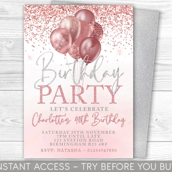 Pink and Silver Birthday Invitation, Editable Party Invite, Pink Silver Invitation, Balloons, For  Her, Instant Download, Printable, ANY AGE