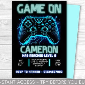 Editable Gamer Birthday invitation - Video Game Party invite - Gaming Game On - Videogame - Instant download template digital  Corjl