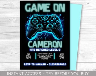 Editable Gamer Birthday invitation - Video Game Party invite - Gaming Game On - Videogame - Instant download template digital  Corjl
