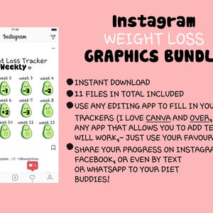 Op de afbeelding: Een roze achtergrond met zwarte tekst die "Instagram Weight Loss Graphics Bundle" luidt.  Onder de tekst staan vier zwarte punten met witte tekst. De punten luiden "Direct downloaden", "11 bestanden in totaal inbegrepen", "Gebruik elke bewerkingsapp om je trackers in te vullen (ik hou van Canva en Over, maar elke app die je toestaat om tekst toe te voegen werkt - gebruik gewoon je favoriet!)" en "Deel je voortgang op Instagram, Facebook, of zelfs via sms of WhatsApp met je dieetmaatjes!"  Een screenshot van een Instagram-post wordt links in de afbeelding getoond. De post is een gewichtsverlies-tracker met avocado-illustraties en de tekst "Weight Loss Tracker Weekly".