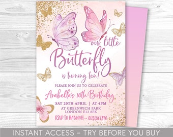 May include: Pink and purple butterfly birthday invitation with gold glitter. The invitation says "our little butterfly is turning ten!" and includes the date, time, and location of the party. RSVP information is also included.