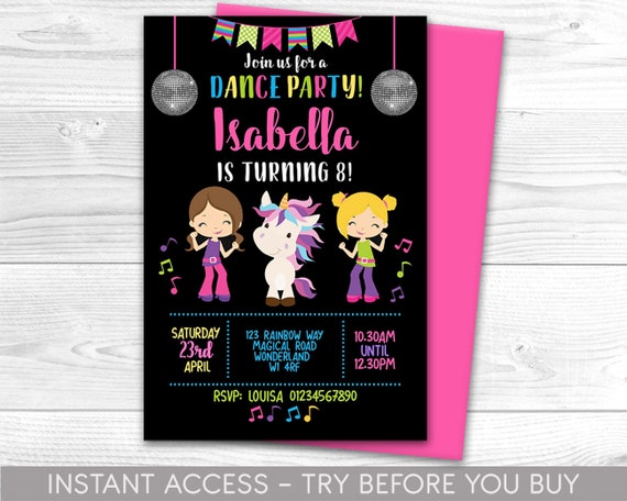Unicorn Dance Party Invitation Personalised Printable | Etsy