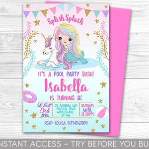 Pool Party Invitation Unicorn mermaid  Pool Float Splish Splash Pool Party Bash Instant Download Editable Printable Corjl