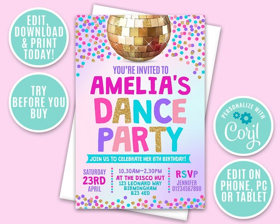 Dance Party Invitation Personalised Printable Digital File | Etsy
