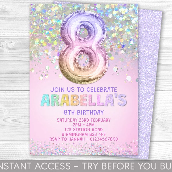 Editable 8th Birthday Invitation Template Rainbow Glitter Birthday Invite Foil Pastel Girl Eighth Birthday Download Digital Printable