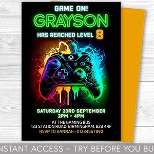 Editable Gamer Birthday invitation - Video Game Party invite - Gaming Game On - Videogame - Instant download template digital  Corjl