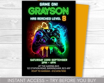 Editable Gamer Birthday invitation - Video Game Party invite - Gaming Game On - Videogame - Instant download template digital  Corjl