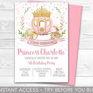 Princess Birthday Invitation, princess invitation, Princess Party, Printable, Digital File, Pastel Pink Princess  Party, Royal Celebration