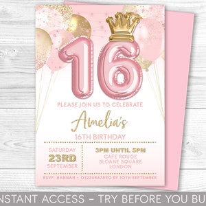 Invitación de cumpleaños número 16, invitación de cumpleaños de la corona de la princesa rosa, fiesta de la princesa, imprimible, archivo digital, rosa pastel, números de globos