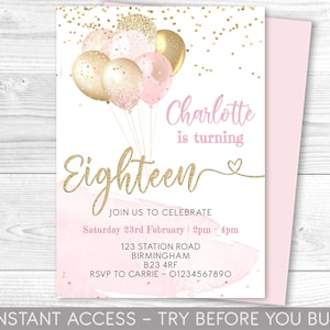 18th Birthday Invitation, Pink and Gold Balloons, Editable Party Invite, Girls 18th Birthday, Age 18, Balloons, Instant Download, Printable