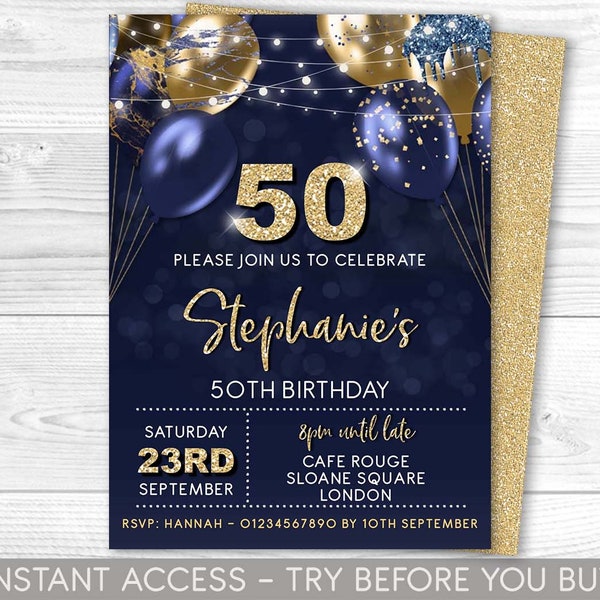 50th Birthday Invitation Editable 50th Invite Navy Gold Invitation, Balloons, For Him or Her Instant Download Printable, ANY AGE