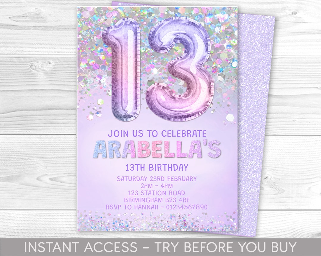 Editable 13th Birthday Invitation Template Rainbow Lilac Glitter ...