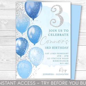 Blue and Silver 3rd Birthday Invitation, Editable Party Invite, Third Birthday, Age 3, Balloons, Baby Instant Download, Printable, ANY AGE