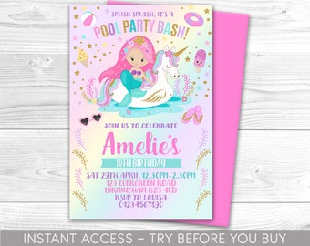 Pool Party Invitation Unicorn mermaid  Pool Float Splish Splash Pool Party Bash Instant Download Editable Printable Corjl