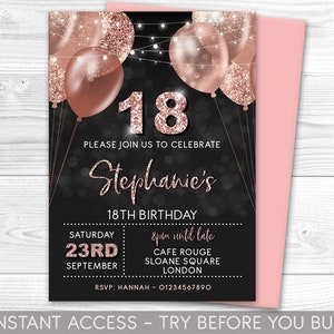 18. Geburtstag Einladung bearbeitbare 18. Einladung Rose Gold Einladung, Luftballons, für Sie oder Ihn Sofortiger Download druckbar, JEDES ALTER