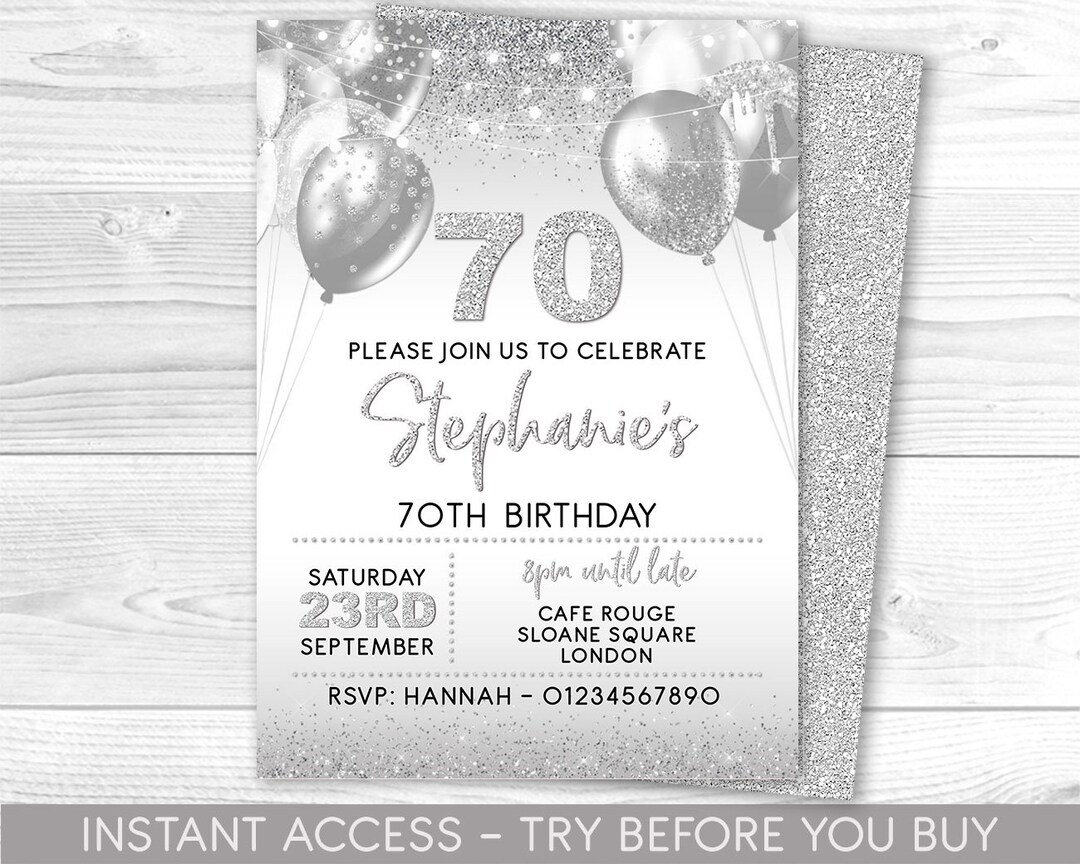 70th Birthday Invitation Editable 70th Invite White Silver Invitation