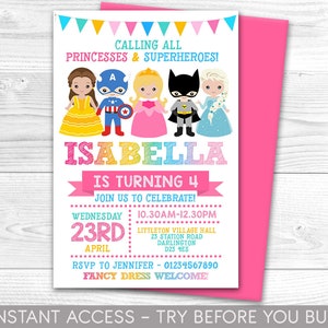 Superhero Princess Invitation Personalised Invite Printable