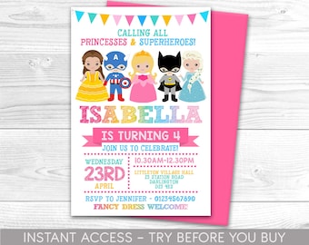Uitnodiging superheld prinses, persoonlijke uitnodiging, afdrukbaar, digitaal bestand, superhelden prinsessenfeest, Spider-Man, directe toegang