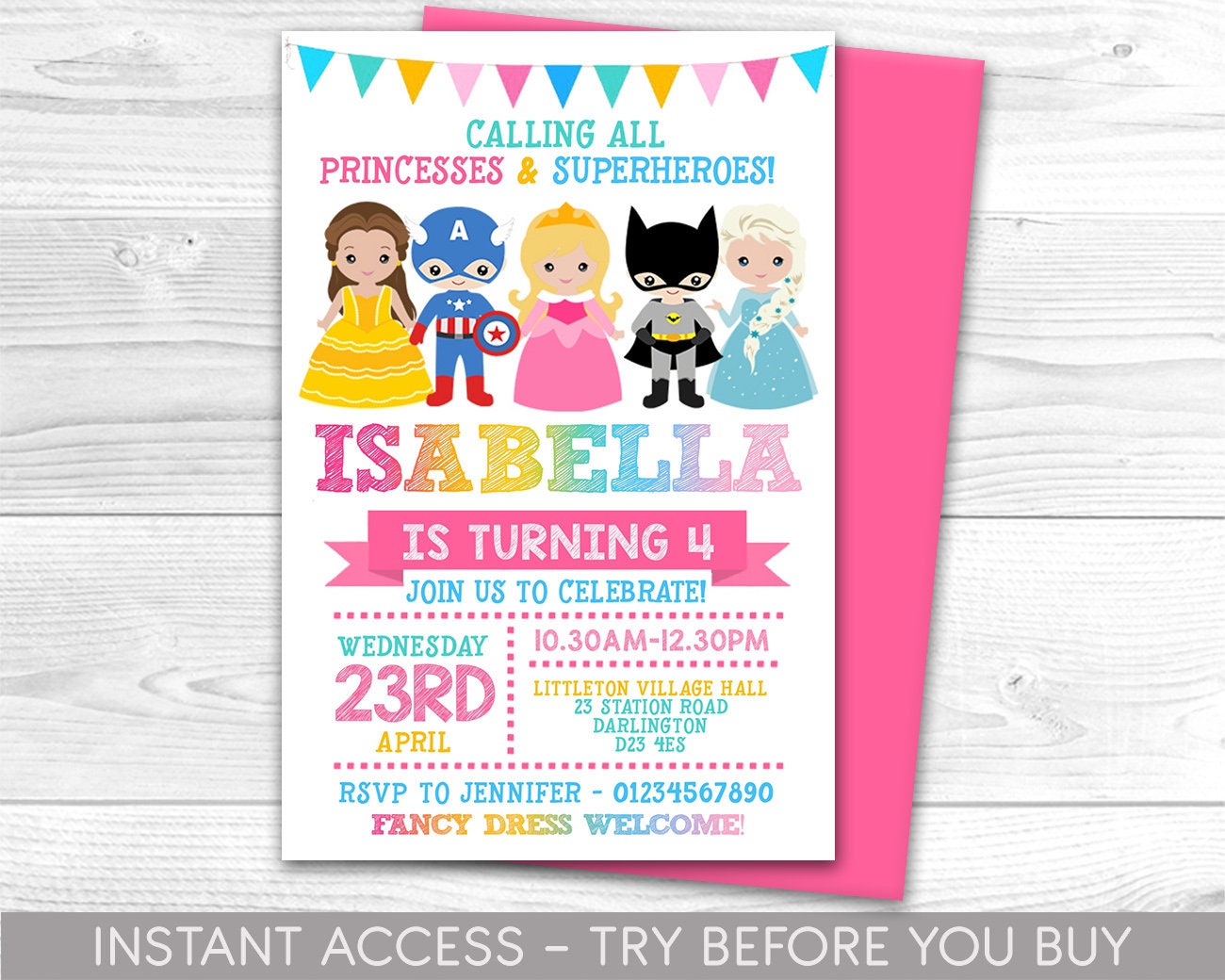 Superhero Princess Invitation, Personalised Invite, Printable, Digital File, superheroes Princesses  Party, Spiderman, Instant Access