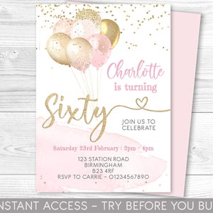 60th Birthday Invitation, Pink and Gold Balloons, Editable Party Invite, Ladies 60th Birthday, Age 60, Balloons, Instant Download, Printable
