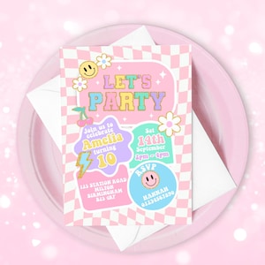 Editable Preppy Let's Celebrate Smile Face Birthday Invitation Template, Party Invite, Checkered  Invite, Kid Teen Girls Blush Pink ANY AGE
