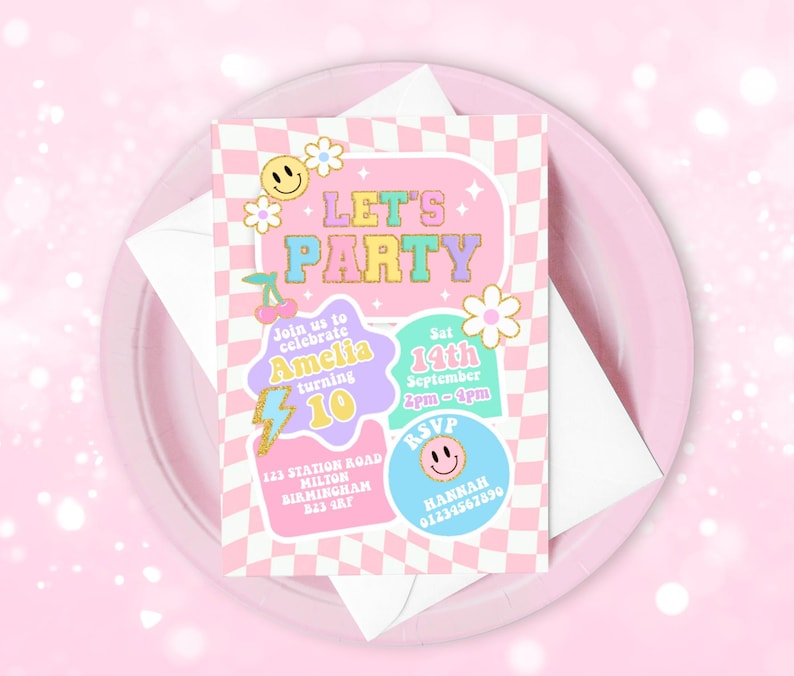 May include: Pink and white party invitation with a checkered background. The invitation says "Let's Party" and includes details for Amelia's 10th birthday party. The party is on September 14th from 2pm to 4pm at 123 Station Road, Hilton, Birmingham, B23 4RF. RSVP to Hannah at 01234567890.