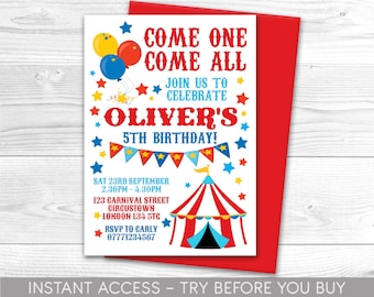 Circus Birthday Invitation, Circus invitation, Big Top Party, Printable, Digital File, Carnival Party, Circus Big Top Celebration