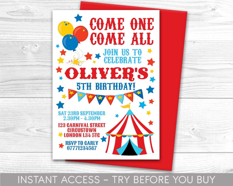 Circus Birthday Invitation Circus invitation Big Top Party Printable Digital File Carnival Party Circus Big Top Celebration