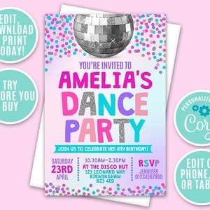 Dance Party Invitation, Personalised, Printable, Digital File, Dance Party Invite, Party Invitation, Disco Party, Instant Access