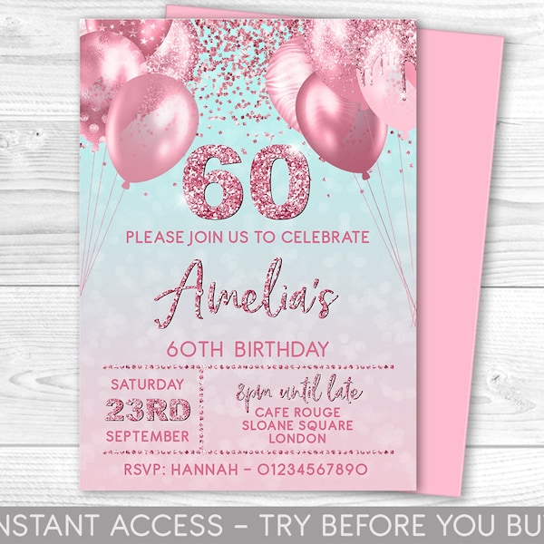 60th Birthday Invitation Editable 60th Invite Pink Pastel Invitation, Balloons, For Him or Her Instant Download Printable, ANY AGE