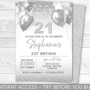 21st Birthday Invitation Editable 21st Invite White Silver Invitation, All White Party, Glitter, Instant Download Printable, ANY AGE