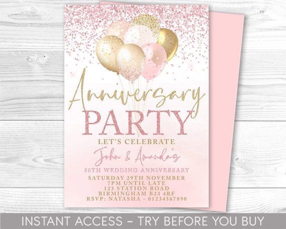 Pink And Gold Anniversary Invitation, Editable Party Invite, Pink.