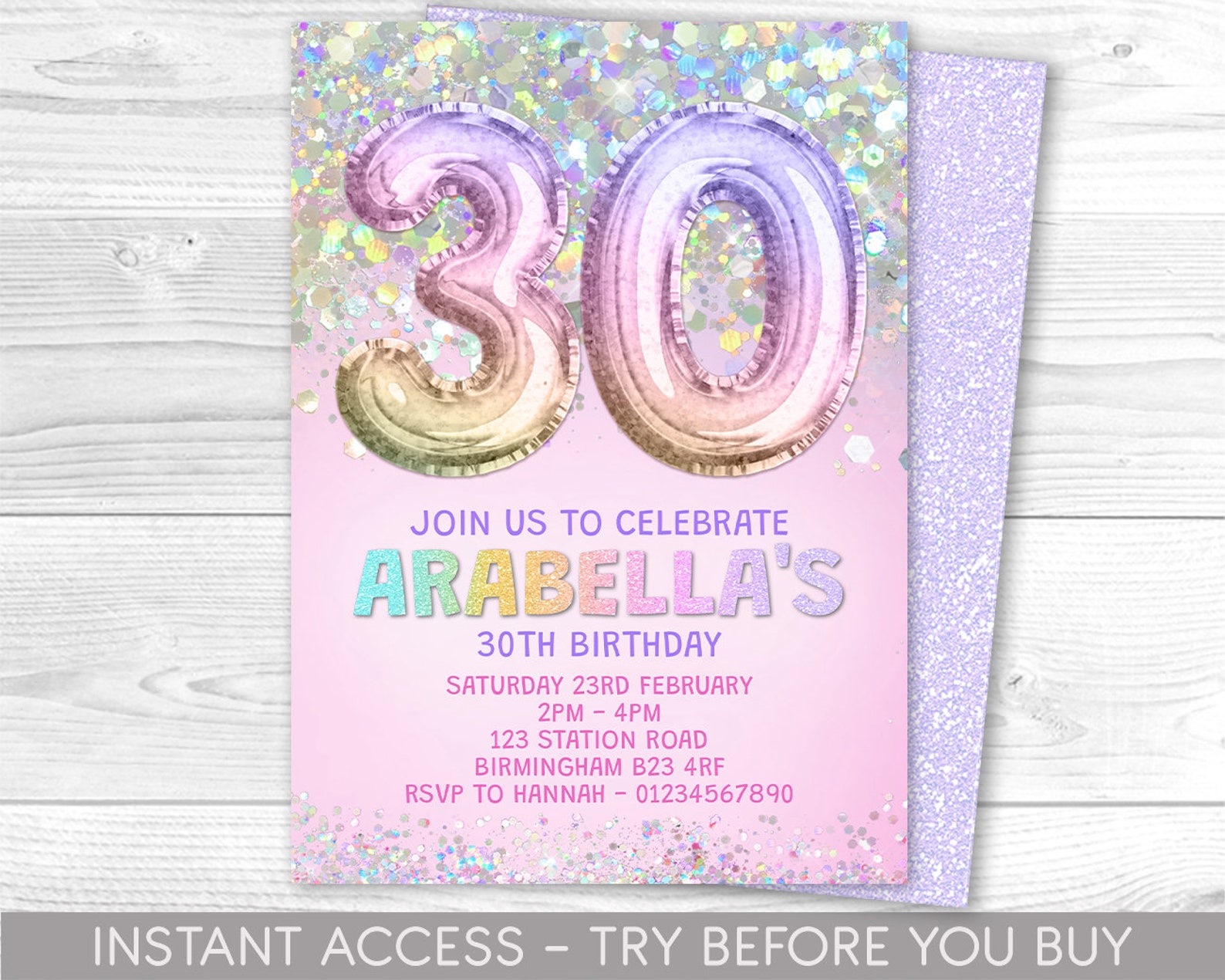 Editable 30th Birthday Invitation Template Rainbow Glitter Birthday ...